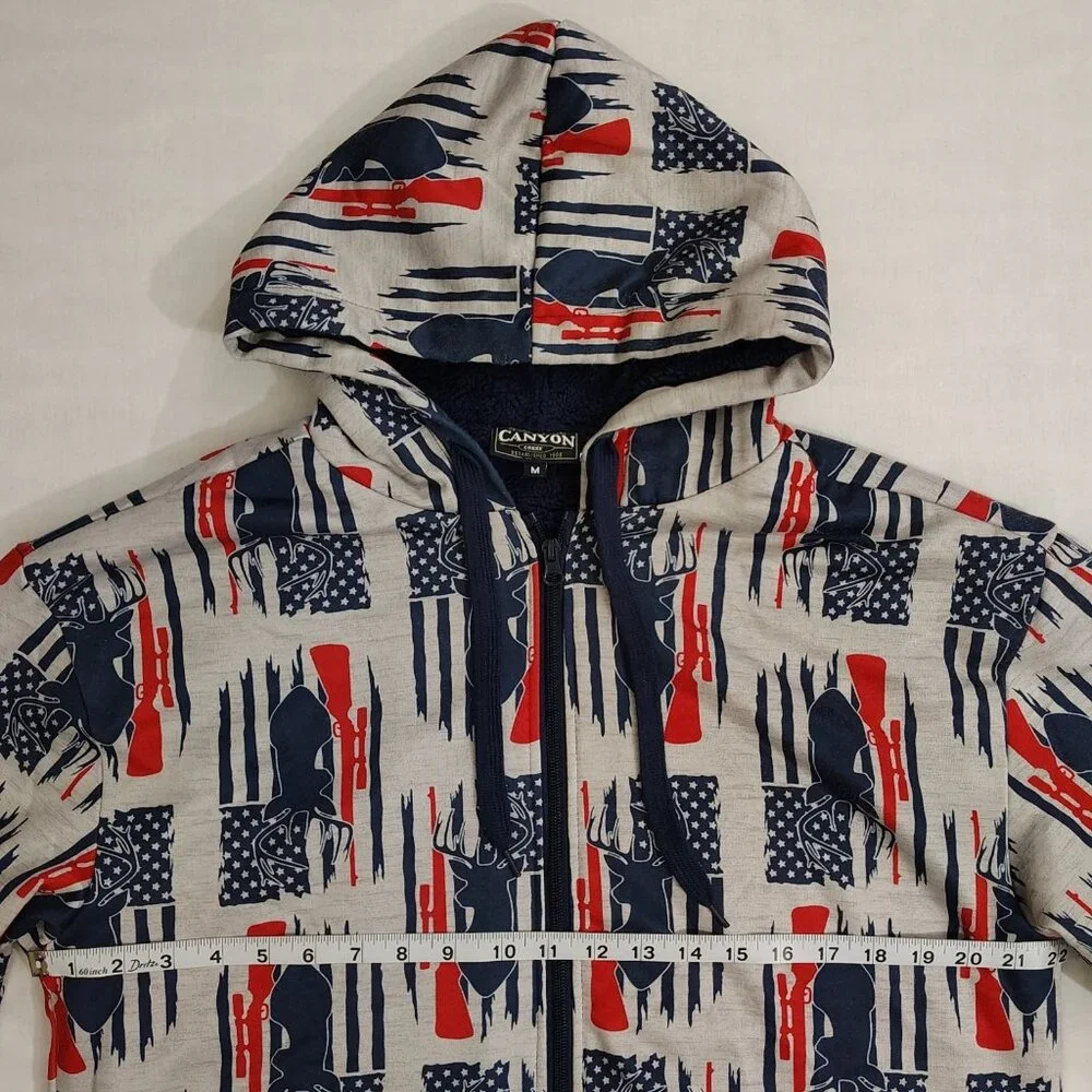 Canyon Creek Hooded Sweatshirt Sz Medium Deer Huning American Flag Sherpa Lining - Picture 9 of 16